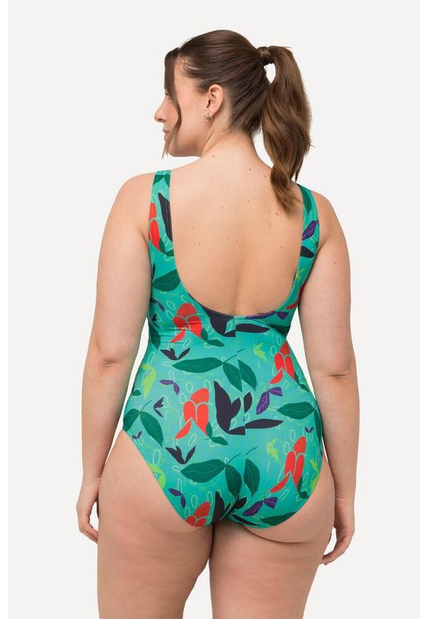 ULLA POPKEN - Damskie Kostium kąpielowy wzór w liście bez miękkich miseczek okrągły dekolt. Kolekcja: plus size. Kolor: zielony. Materiał: poliester, materiał, elastan