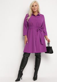 Born2be - Fioletowa Rozkloszowana Mini Sukienka Zapinana na Guziki z Materiałowym Paskiem Vleco. Kolor: fioletowy. Materiał: materiał. Długość: mini #5