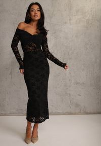 Renee - Czarna Koronkowa Sukienka Bodycon z Odkrytymi Ramionami i Supłem Aethanise. Okazja: na imprezę. Kolor: czarny. Materiał: koronka. Typ sukienki: bodycon, z odkrytymi ramionami. Styl: elegancki #4