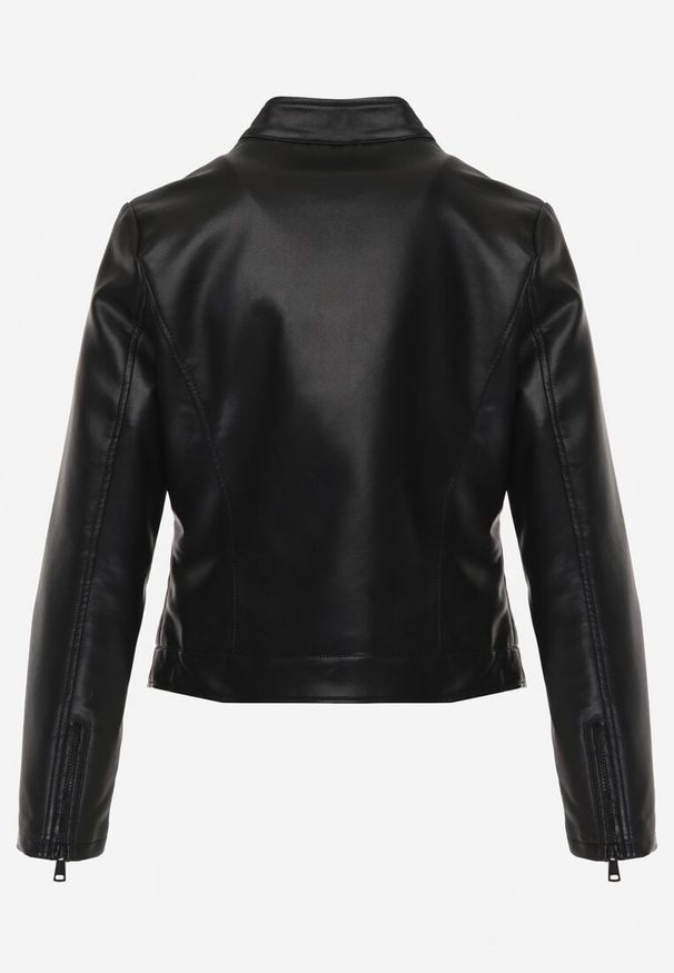 Renee - Czarna Kurtka Ramoneska o Klasycznym Kroju ze Stójką Leaniore. Typ kołnierza: kołnierzyk stójkowy. Kolor: czarny. Materiał: jeans, skóra, poliester. Wzór: aplikacja. Styl: klasyczny