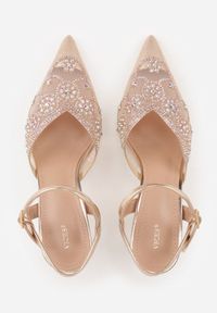 Renee - Szampańskie Siateczkowe Czółenka na Szpilce VICES Ozdobione Cyrkoniami i Brokatem Orinelis. Zapięcie: sprzączka. Kolor: złoty. Materiał: satyna. Szerokość cholewki: normalna. Wzór: aplikacja. Obcas: na szpilce. Styl: glamour #2