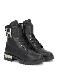 Kazar - Czarne trzewiki damskie. Zapięcie: klamry. Kolor: czarny. Materiał: skóra. Szerokość cholewki: normalna. Wzór: gładki, aplikacja #2