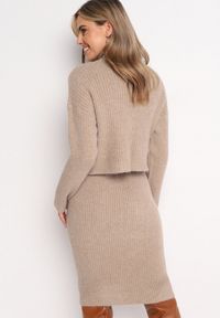 Born2be - Ciemnobeżowy Komplet Dzianinowy z Wełną i Bawełną Golf i Dopasowana Sukienka Reilaia. Kolor: beżowy. Materiał: wełna, bawełna, dzianina. Sport: golf #5