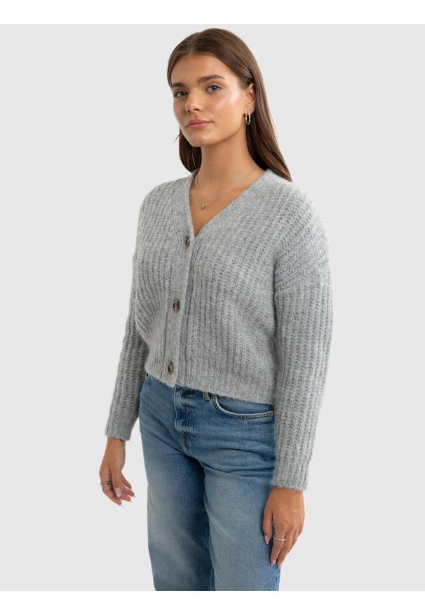 Big-Star - Sweter dziewczęcy kardigan z dodatkiem wełny szary Karda 901. Okazja: na co dzień. Kolor: szary. Materiał: wełna. Wzór: ze splotem. Styl: elegancki, casual, vintage