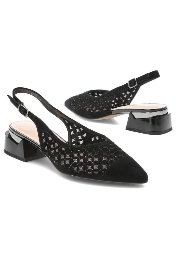 Czółenka damskie S.Barski, cholewka ze skóry naturalnej spiczasty nosek i geometryczny obcas, czarne, CR61-3004. Kolor: czarny. Materiał: skóra. Szerokość cholewki: normalna. Wzór: geometria. Obcas: na obcasie. Wysokość obcasa: średni