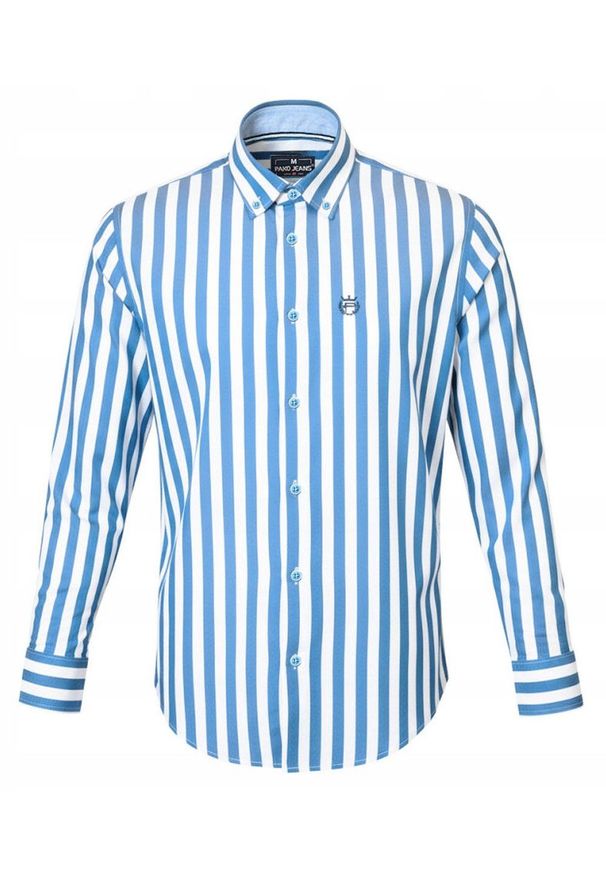 Biała, Lekko Taliowana Koszula Męska - Pako Jeans - Niebieski Prążek. Okazja: na co dzień. Kolor: niebieski. Materiał: wiskoza, bawełna. Wzór: paski. Styl: casual