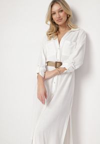 Born2be - Biała Koszulowa Sukienka z Lnem i Wiskozą z Regulowanymi Rękawami Melvezia. Okazja: na co dzień. Kolor: biały. Materiał: len, wiskoza. Typ sukienki: koszulowe. Styl: casual #4