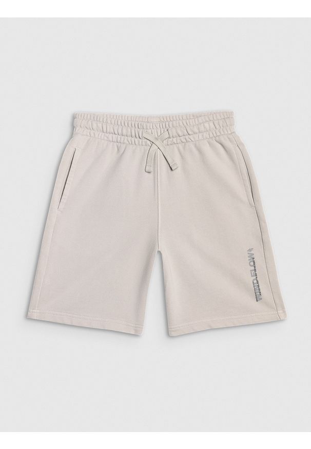 4f - 4F Spodenki dresowe chłopięce - szare 128 (7-8 lat). Okazja: na co dzień. Kolor: szary. Materiał: dresówka. Długość: krótkie. Wzór: napisy, gładki, ze splotem. Sezon: lato. Styl: casual, sportowy