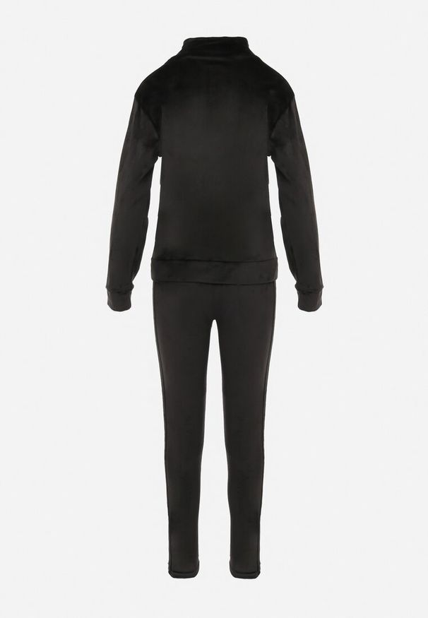 Born2be - Czarny Welurowy Komplet Dresowy z Ozdobnymi Lampasami i Ściągaczami Blisona. Kolor: czarny. Materiał: dresówka, welur. Wzór: aplikacja