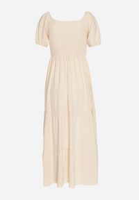 Born2be - Jasnobeżowa Rozkloszowana Sukienka z Dekoltem Typu Hiszpanka z Marszczeniem Lumorice. Okazja: na co dzień. Typ kołnierza: dekolt hiszpanka. Kolor: beżowy. Styl: casual, elegancki #6