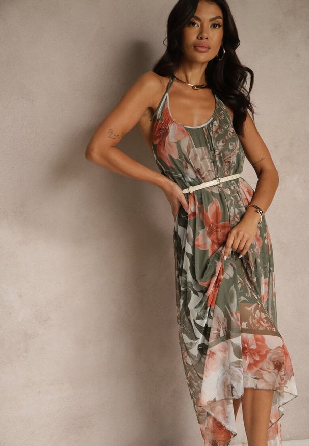 Renee - Ciemnozielona Kwiatowa Sukienka Siateczkowa z Wiskozą Izurelia. Okazja: na co dzień. Kolor: zielony. Materiał: wiskoza. Wzór: kwiaty. Typ sukienki: proste. Styl: casual, elegancki