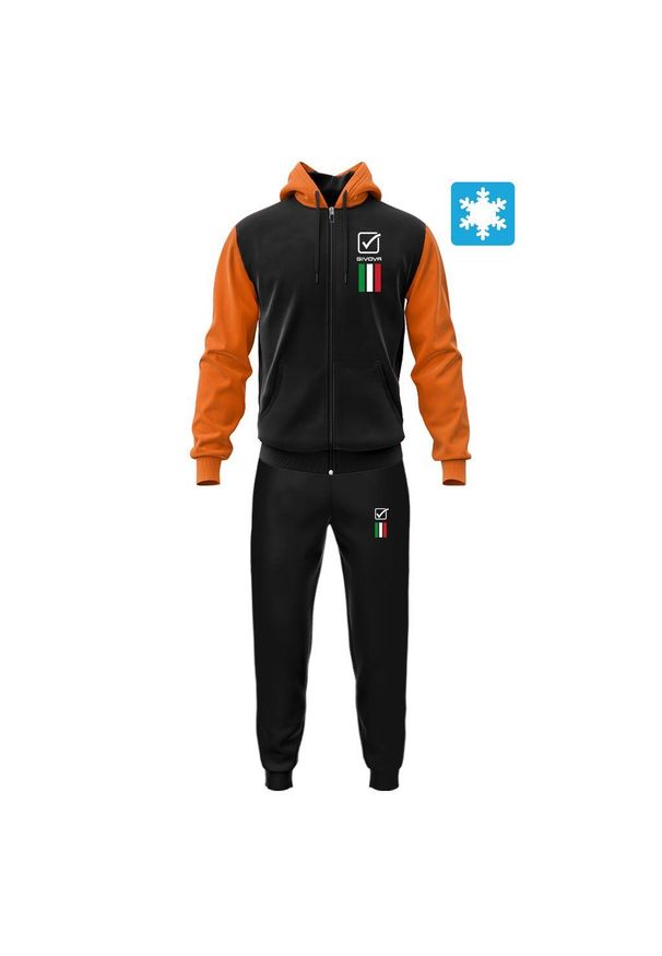 Dres z bluzą z kapturem Givova Italia 100. Kolor: wielokolorowy, czarny, pomarańczowy. Materiał: dresówka. Sport: fitness