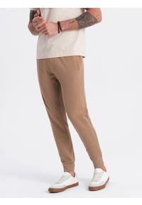 Ombre Clothing - Spodnie męskie dresowe typu jogger - brązowe V2. Okazja: na co dzień. Kolor: brązowy. Materiał: dresówka. Wzór: aplikacja. Styl: casual