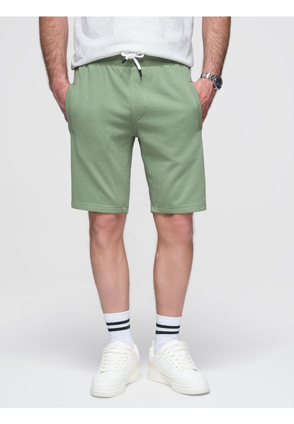 Ombre Clothing - Męskie spodenki dzianinowe ze ściągaczem i kieszeniami - zielone V3 - Rozmiar: L. Kolor: zielony. Materiał: dzianina. Styl: wakacyjny