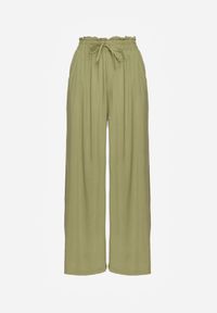 Renee - Jasnozielone Spodnie z Bawełny Typu Palazzo High Waist z Gumką w Talii Nelsaria. Okazja: na co dzień. Stan: podwyższony. Kolor: zielony. Materiał: bawełna. Styl: elegancki, casual, wizytowy #5