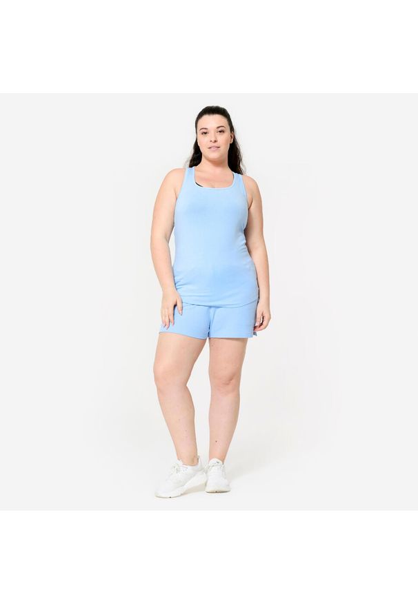 DOMYOS - Koszulka bez rękawów damska Domyos Gym & Pilates slim. Kolor: niebieski. Materiał: lyocell, elastan, materiał, bawełna. Długość rękawa: bez rękawów. Sport: joga i pilates