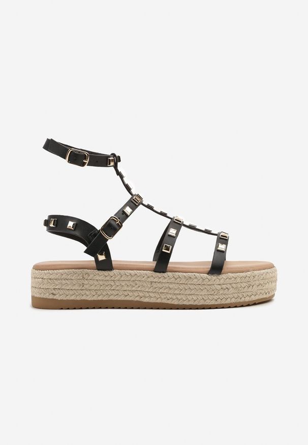 Renee - Czarne Sandały w Stylu Gladiatorek na Grubej Podeszwie z Plecionki Sonalisa. Okazja: na co dzień. Zapięcie: sprzączka. Kolor: czarny. Styl: elegancki, casual