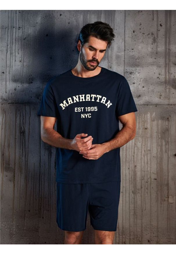 Sinsay - Piżama dwuczęściowa - granatowy. Kolor: niebieski. Długość: krótkie. Wzór: napisy