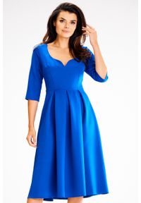 Awama - Rozkloszowana Sukienka z Dekoltem w Serce - Niebieska. Kolor: niebieski. Materiał: poliester, elastan