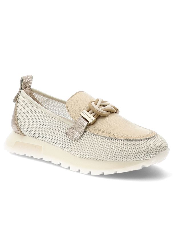 Półbuty damskie Hispanitas, ze skóry naturalnej z tekstylnymi wstawkami z siateczki i wsuwanym krojem, beżowe, HV264857 Formentera-V26 Panna Bolero-V. Okazja: na co dzień. Kolor: beżowy. Materiał: skóra. Szerokość cholewki: normalna. Wzór: gładki. Styl: casual, elegancki