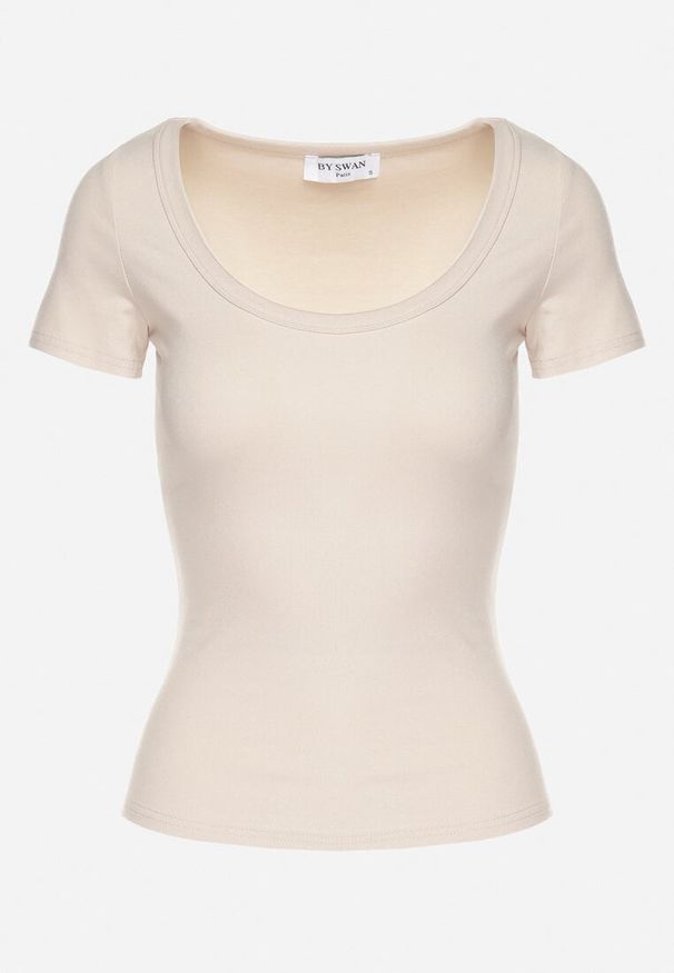 Born2be - Jasnobeżowy T-shirt z Bawełny z Okrągłym Dekoltem Efruna. Okazja: na co dzień. Kolor: beżowy. Materiał: bawełna. Styl: elegancki, casual