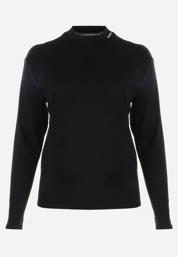 Born2be - Czarna Bluzka z Półgolfem Zdobionym Haftem Tameris. Kolekcja: plus size. Kolor: czarny. Materiał: bawełna, materiał, tkanina. Długość rękawa: długi rękaw. Długość: długie. Wzór: aplikacja, haft