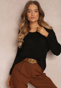 Renee - Czarny Sweter Hyrmereia. Kolor: czarny. Materiał: dzianina. Długość rękawa: długi rękaw. Długość: długie. Wzór: jednolity #4
