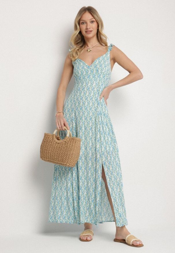 Born2be - Niebieska Wiskozowa Sukienka w Kwiaty z Ozdobnymi Falbankami Redele. Okazja: na co dzień, na spacer. Typ kołnierza: kołnierz z falbankami. Kolor: niebieski. Materiał: wiskoza. Długość rękawa: na ramiączkach. Wzór: kwiaty. Typ sukienki: proste. Styl: klasyczny, casual