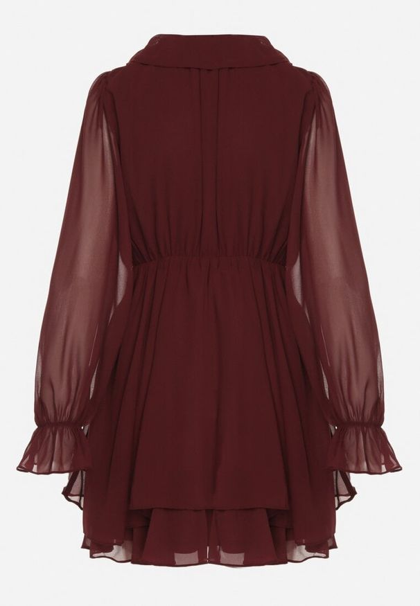 Born2be - Bordowa Rozkloszowana Sukienka z Falbankami i Siateczkowymi Rękawami Zennisa. Okazja: na imprezę, do pracy, na spotkanie biznesowe. Typ kołnierza: kołnierz z falbankami. Kolor: czerwony. Materiał: poliester. Typ sukienki: rozkloszowane. Styl: klasyczny, biznesowy