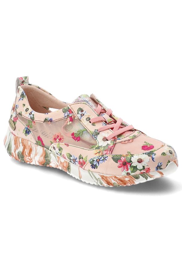 Sneakersy damskie Laura Vita, cholewka ze skóry naturalnej klasyczne sznurowanie płaska podeszwa, różowe, Joctao 26 SL3015-26D. Okazja: na co dzień. Zapięcie: sznurówki. Kolor: różowy. Materiał: skóra. Szerokość cholewki: normalna. Wzór: nadruk, kwiaty. Obcas: na płaskiej podeszwie. Styl: klasyczny