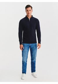 Pako Lorente - PAKO LORENTE - Granatowy sweter z rozpinaną stójką. Okazja: na co dzień. Typ kołnierza: kołnierzyk stójkowy. Kolor: beżowy, niebieski. Materiał: wełna, poliamid. Sezon: jesień. Styl: casual #7