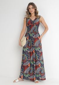 Born2be - Granatowo-Pomarańczowa Sukienka Euphiche. Kolor: niebieski. Wzór: aplikacja, kolorowy. Typ sukienki: kopertowe. Styl: boho. Długość: maxi #2