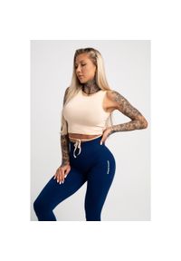 GYM GLAMOUR - Top fitness damski Gym Glamour wiązany. Kolor: beżowy. Sport: fitness