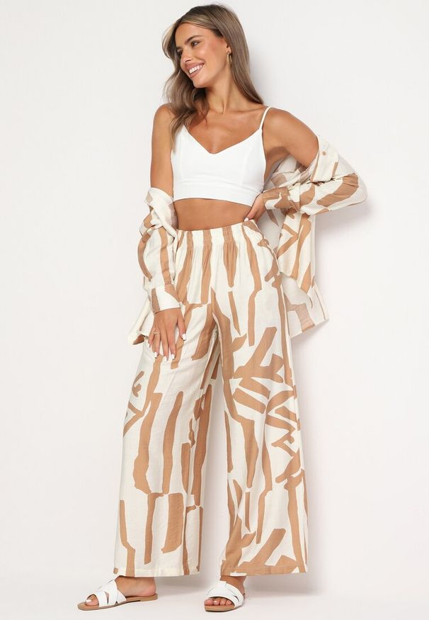 Born2be - Beżowy Komplet z Wiskozy Koszula z Długim Rękawem Szerokie Spodnie z Gumką w Talii Nelvima. Kolor: beżowy. Materiał: wiskoza