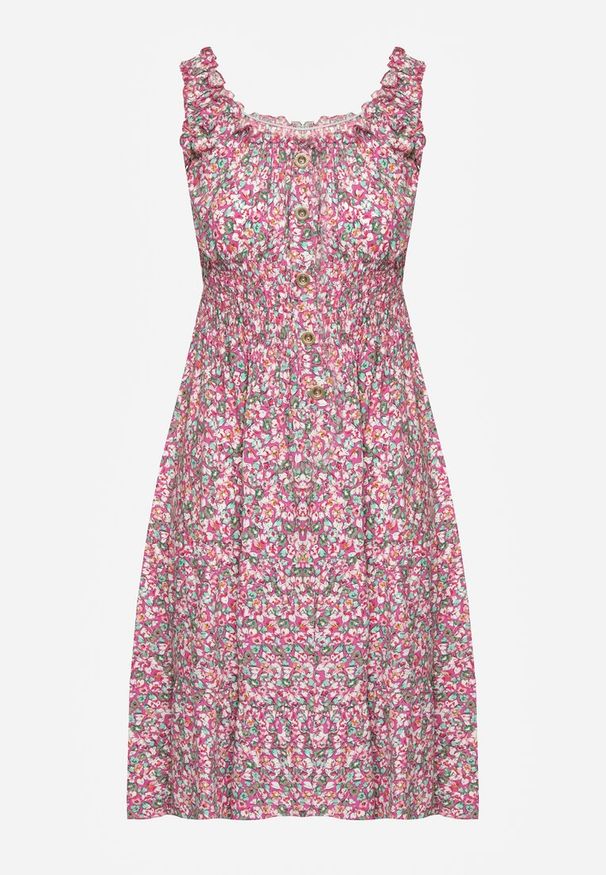 Renee - Różowa Taliowana Sukienka Bawełniana o Rozkloszowanym Kroju z Gumką w Pasie Nelyssa. Okazja: na co dzień, na randkę. Typ kołnierza: dekolt hiszpanka. Kolor: różowy. Materiał: bawełna. Długość rękawa: na ramiączkach. Sezon: lato. Styl: casual, boho