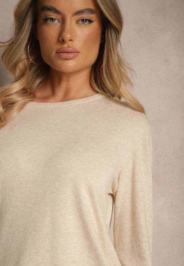 Renee - Beżowy Sweter z Dodatkiem Kaszmiru Ozdobiony Ściągaczami Sanadora. Okazja: na co dzień. Kolor: beżowy. Materiał: kaszmir. Wzór: aplikacja. Styl: klasyczny, elegancki, casual