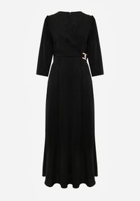 Renee - Czarna Elegancka Sukienka o Kopertowym Kroju Zdobiona Aplikacją w Talii Zilendra. Kolor: czarny. Wzór: aplikacja. Typ sukienki: kopertowe. Styl: elegancki #3