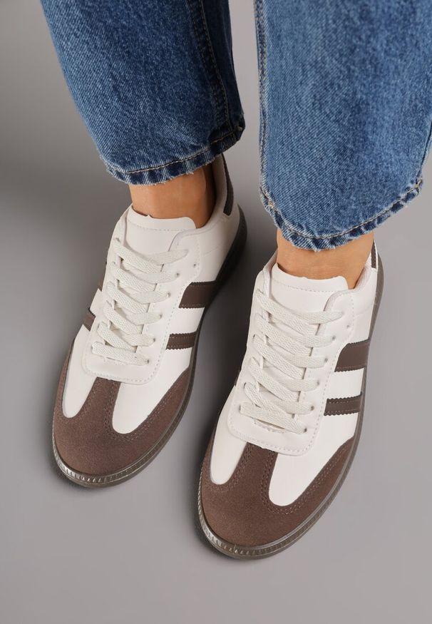 Renee - Beżowo-Brązowe Casualowe Sneakersy na Płaskiej Podeszwie z Paskami Jereria. Okazja: na co dzień. Zapięcie: pasek. Kolor: beżowy. Materiał: jeans. Obcas: na płaskiej podeszwie