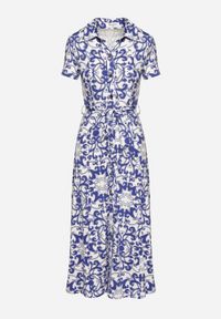 Born2be - Biało-Granatowa Sukienka Midi Koszulowa z Paskiem w Talii w Ornamentalny Print Fiamea. Kolor: biały. Materiał: materiał. Wzór: nadruk. Typ sukienki: koszulowe. Długość: midi #2