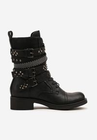 Renee - Czarne Botki Workery Ozdobione Nitami i Klamrami Tullavia. Okazja: na co dzień. Zapięcie: klamry. Kolor: czarny. Materiał: jeans, skóra. Wzór: aplikacja. Styl: casual #6