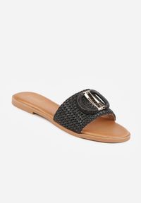 Born2be - Czarne Płaskie Klapki z Plecionym Paskiem i Metaliczną Aplikacją Qinish. Okazja: na co dzień. Kolor: czarny. Materiał: len. Wzór: aplikacja. Sezon: lato. Obcas: na płaskiej podeszwie. Styl: boho, casual #5