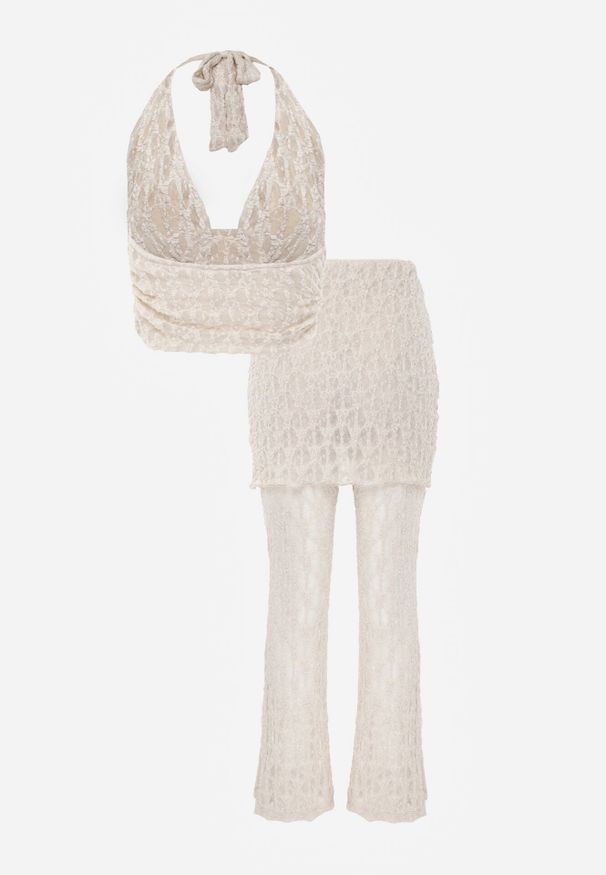 Born2be - Beżowy Koronkowy Komplet Top z Odkrytymi Plecami i Spodnie z Imitacją Spódnicy Romine. Kolor: beżowy. Materiał: koronka. Wzór: koronka