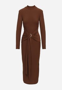Born2be - Brązowa Dopasowana Sukienka z Półgolfem Trenem i Rozcięciem Miredi. Kolor: brązowy. Styl: elegancki #5