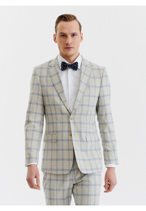 Pako Lorente - PAKO LORENTE – Beżowa marynarka garniturowa w kratę. Okazja: na ślub cywilny, na wesele. Kolor: beżowy. Materiał: poliester, elastan, wiskoza