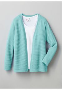 Sweter bez zapięcia w prążek bonprix morski pastelowy. Kolor: niebieski. Materiał: materiał, bawełna, akryl. Wzór: prążki #2