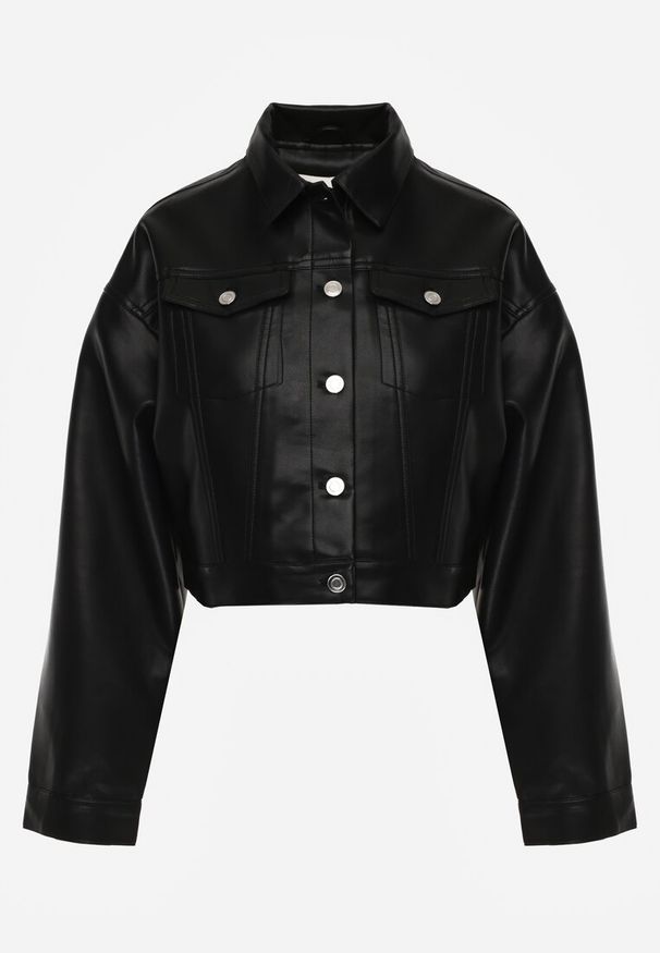 Renee - Czarna Kurtka Ramoneska Cropped o Fasonie Koszulowym Savarinda. Kolor: czarny. Materiał: poliester, koronka. Styl: rockowy