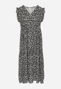 Born2be - Czarna Bawełniana Sukienka o Rozkloszowanym Kroju z Falbanami i Dekoltem w Serek Ifforine. Okazja: na co dzień. Typ kołnierza: dekolt w serek. Kolor: czarny. Materiał: bawełna. Styl: casual, elegancki #3