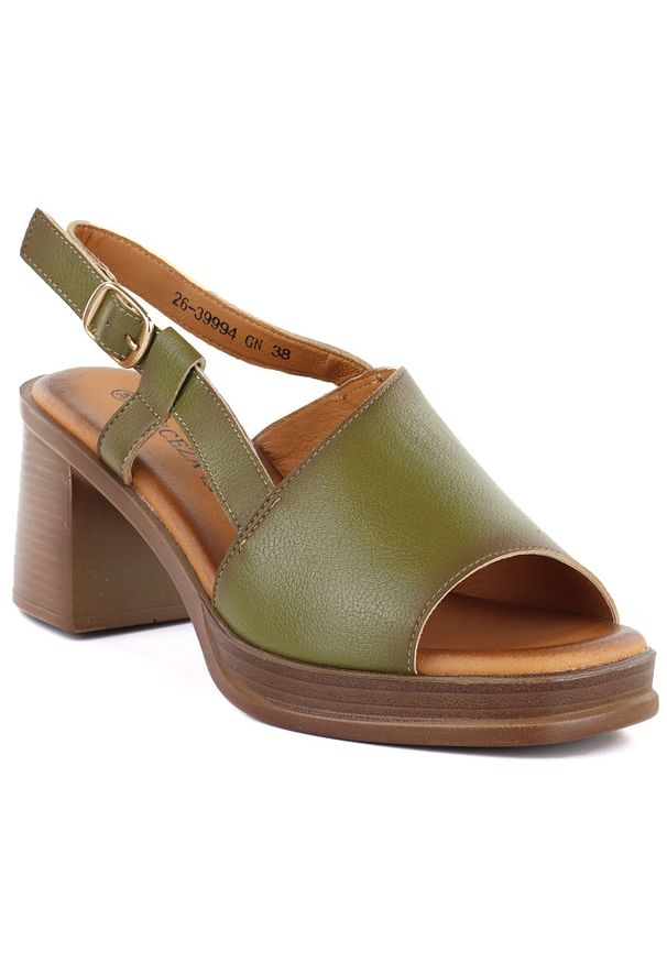 Skórzane sandały damskie na obcasie zielone Vinceza 26-39994. Kolor: zielony. Materiał: skóra. Obcas: na obcasie. Wysokość obcasa: średni