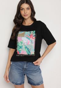 Born2be - Czarny Bawełniany T-shirt z Ozdobnym Nadrukiem Delmari. Okazja: na co dzień, na spacer. Kolor: czarny. Materiał: bawełna. Wzór: nadruk. Styl: klasyczny, casual