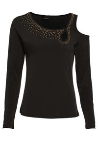 Shirt cold-shoulder z perełkami bonprix czarny. Kolor: czarny. Materiał: materiał, poliester, elastan. Długość rękawa: długi rękaw. Długość: długie #1